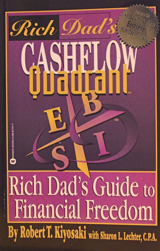 Book cover of Cashflow Quadrant: Rich Dad’s Guide to Financial Freedom by Robert T. Kiyosaki and Sharon L. Lechter, showing the four income types for building wealth through business and investment.