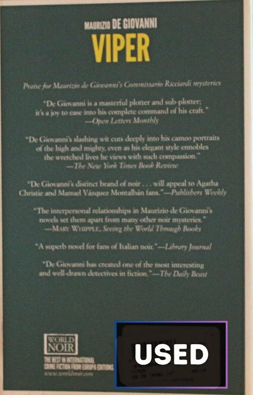 Cover of Viper: A Commissario Ricciardi Mystery by Maurizio de Giovanni – historical noir crime novel set in 1930s Naples, used-good condition